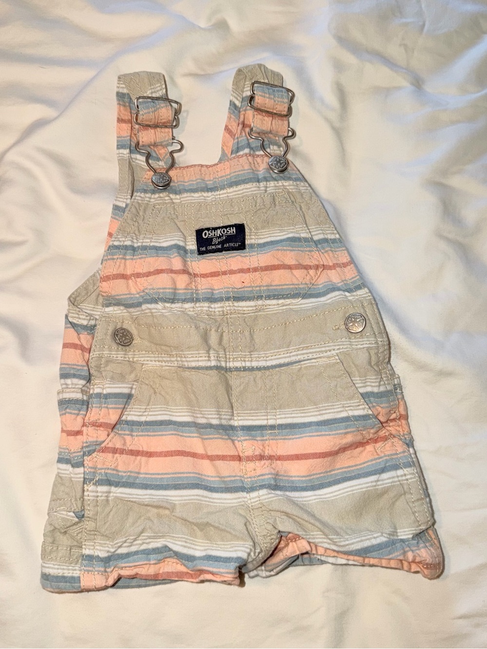 OshKosh B'gosh Cream Overalls with Pink & Blue Stripes